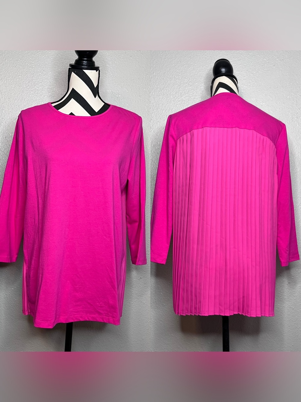 NWT DG2 Boat Neck Hot Pink Contrast Accordin-Pleated Back Panel Tunic Top Sz M
